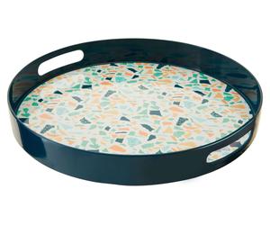 Orsina Terrazzo Round Tray, Stylish Melamine Serving Tray with Cut-Out Handles, Perfect for Indoor & Outdoor Use in Blue Orsina Blue