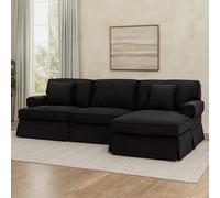 Orsina Three Seat Black Velvet Chaise Sofa, Black Velvet Upholstery With Wooden Base, Padded Key Style Arms