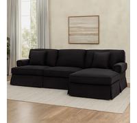 Orsina Three-Seat Black Velvet Chaise Sofa, Black Velvet Upholstery with Wooden Base, Padded Key-Style Arms Orsina Black