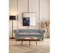Orsina Three Seat Grey Linen Sofa, Button Tufted Chesterfield Back With Scrolled Arms, Upholstered 3 Seater