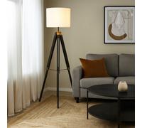 Orsina Tripod Floor Lamp With Black Base, Cylindrical Shade Standing Lamp, Wooden Floor Lamp With Metal Bracing