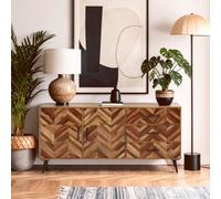 Orsina Two Door Mango Wood Sideboard, Natural Mango Wood Cabinet With Carved Door Patterns, Two Shelf Buffet