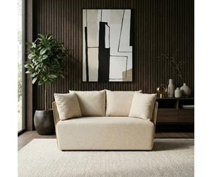 Orsina Two Seat Natural Fabric Sofa, Gold Finish Stainless Steel Frame, Art Deco Style Comfortable And Stylish Sofa