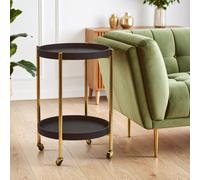 Orsina Two Tier Black Tray Table Trolley, Matte Gold Frame With Black Shagreen Shelves, Functional Drinks Trolley