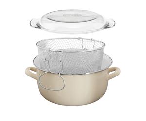 Orsina Unique Cool Grey Enamel Deep Fryer, Durable Steel Frying Pan With Basket & Lid, Multipurpose Fish Fryer Pot in Cream Orsina Cream