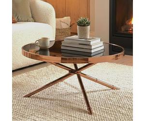 Orsina Versatile 3 Leg Coffee Table, Rose Gold Finish Table For Livingroom, Tempered Glass Top Display Table