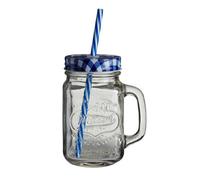 Orsina Versatile Embossed Coloured Mason Jar Mug With Blue Gingham Lid, Embossed Glass Bottle With Metal Lid