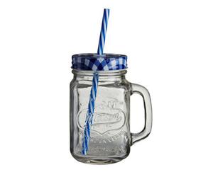 Orsina Versatile Embossed Coloured Mason Jar Mug With Blue Gingham Lid, Embossed Glass Bottle With Metal Lid