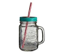 Premier Housewares Glasses Coffee Glasses With Handle And Straw 450ml Clear Jug Glasses Blue Juice Glasses Premium Quality Glass Jar w11 x d8 x h19cm