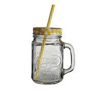 Premier Housewares Embossed Mason Jar Mug With Yellow Lid Clear Glass Screw-On Lid Coordinating Colorful Straw Yellow Glass Jar Multicolor Straw Funky Design 14 cm