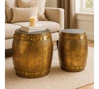 Orsina Vintage Design Set of 2 Hammered Drum Stools, Hammered Finish Outdoor Stools, Aesthetic Lightweight Stools in Gold Orsina Gold