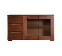 Orsina Walnut Veneer Finish Wooden Sideboard, Modern Storage Sideboard With Drawers & Glass Cabinet, Long Sideboard