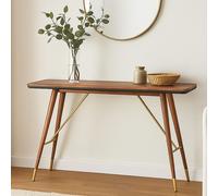 Orsina Walnut Wood Console Table with Leather Trim, Modern Retro Entryway Table with Brass Accents, Console Table in Gold Orsina Gold