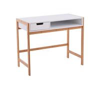 Orsina White 1 Drawer Desk, Durable Computer Desk with Natural Wood Legs, Study Table Bedside Desk for Home Orsina White
