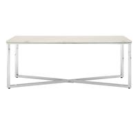Orsina White Faux Marble Chrome Coffee Table, Contemporary Rectangular Lounge Table with Intersecting Chrome Legs Orsina White