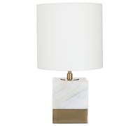Orsina White Marble Accent Lamp With Cream Shade, Modern Table Lamp With Brass Finish Base, Marble Block Lamp Orsina White