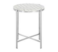 Orsina White Marble Topped Side Table, Round Table, Silver Finished Settee Side Table, Sleek Metallic Accent Table Orsina White