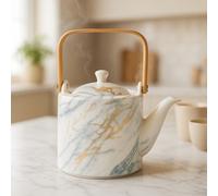 Orsina White Porcelain Teapot With Bamboo Handle,marble Effect Gold Finish Ceramic Tea Pot,ideal For Tea, Or Coffee