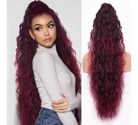 ORSUNCER 76cm Curly Clip On Ponytail Extension Natural Looking Fluffy Synthetic Clip On Ponytail Extension For Women Omber Burgundy