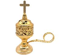 Orthodox Christian Incense Holder Metal Gold Plated 5.3 In / 13.5 Cm Cross Design Home Use Removable Bowl Elegant Long-Lasting