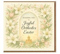 Orthodox Easter Card - Wishing You a Joyful Orthodox Easter, Floral Lilies and Tulips with Church Illustration - Elegant Religious Spring Greeting