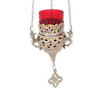 Orthodox Greek Christian Bronze Hanging Votive Vigil Oil Lamp with Chain and Red Glass - 9503gn