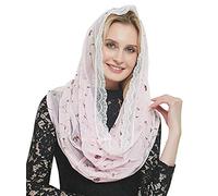 Orthodox Veil Head Covering with Embroidered Flowers Catholic Chapel Mantilla veil V50, Pink Wrap, One Size