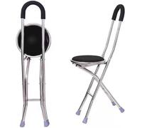 Orthologics™ Folding Aluminium Travel Walking Stick Cane Seat with Padded Stool 4 Leg Chair Sturdy Men Unisex Portable Disability Elderly Medical Aid Support - M8
