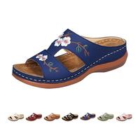Orthopaedic Sandals Women's Hallux Embroidered Sandals Women with Wedge Heel Leather Open Toe Wedge Sandals Double Stitched Casual Sandals Outdoor Sandals Lightweight Non-Slip Beach Sandals, blue, 4.5