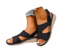 Orthopaedic Sandals Women's Modern Sandals with Heel Elegant Summer Shoes Comfortable Open Toe Sandals Leather Strap Sandals Non-Slip Beach Shoes Fish Mouth Line Wedge Sandals, black, 5 UK