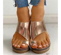Orthopedic Bunion Corrector Sandals Women's Orthopedic Correction Leather Ring Toe Casual Bunion Slippers Flat Sole PU Leather Shoes,Gold,US5/EU36