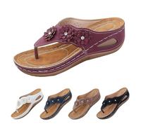 Orthopedic Flip Flops Women Arch Support, Wedge Waking Sandals for Women Slip on Wide Fit Sandals Adjustable Ankle Strap Shoes with Flowers decorative Platform Flip Flops slides