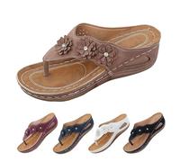 Orthopedic Flip Flops Women Arch Support, Wedge Waking Sandals for Women Slip on Wide Fit Sandals Adjustable Ankle Strap Shoes with Flowers decorative Platform Flip Flops slides