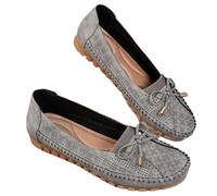 Orthopedic Leather Shoes, Lightweight Anti-Slip Breathable Sandals, Dressy Slip-On Bow-Knot Round Toe Loafers (Gray,7.5)