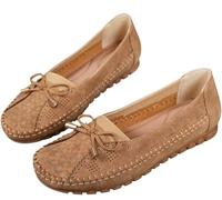 Orthopedic Leather Shoes, Orthopedic Flats for Women Lightweight Anti-Slip, Breathable Dressy Slip-On Bow-Knot Flats Loafers (Khaki,38EU)