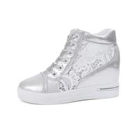 Orthopedic Platform Wedge Sneakers for Women Breathable Lace Up Slip On Summer Dressy Platform Hidden Heels Shoes Lace Chunky Bottom High Heels Wedges Walking Outdoor Travel Sports Shoes Silver