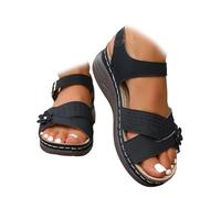 Orthopedic Sandals for Women 2025, Wide Strappy Arch Support Wedge Sandals, Comfortable Open Toe Slip-On Platform Shoes with Ankle Strap for Summer Walking Beach Travel Casual (Black,36)