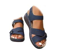 Orthopedic Sandals for Women 2025, Wide Strappy Arch Support Wedge Sandals, Comfortable Open Toe Slip-On Platform Shoes with Ankle Strap for Summer Walking Beach Travel Casual (Blue,42)
