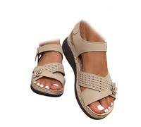 Orthopedic Sandals for Women 2025, Wide Strappy Arch Support Wedge Sandals, Comfortable Open Toe Slip-On Platform Shoes with Ankle Strap for Summer Walking Beach Travel Casual (Beige,37)