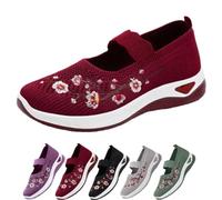 Orthopedic Shoes for Women Flower Embroidered Slip On Breathable Soft Sole Mesh Woven Casual with Arch Support (Red,5)