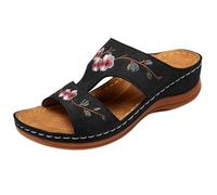 Orthopedic Wedge Sandals for Women,Summer Comfortable Bohemian Beach Slides Flower Open Toe Wide Width Platform Walking Flat Mules (Black,5)