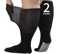 Orthostride Wide Diabetic Socks for Men Women, Non Slip Grip Extra Long Edema Socks with Thickened Sole, Non-Binding Loose Fit Socks for Lymphedema, Neuropathy, Swollen Feet, Hospital-2 Pairs Black