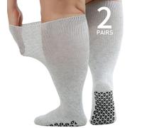 Orthostride Wide Diabetic Socks for Men Women, Non Slip Grip Extra Long Edema Socks with Thickened Sole, Non-Binding Loose Fit Socks for Lymphedema, Neuropathy, Swollen Feet, Hospital-2 Pairs Gray