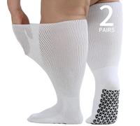 Orthostride Wide Diabetic Socks for Men Women, Non Slip Grip Extra Long Edema Socks with Thickened Sole, Non-Binding Loose Fit Socks for Lymphedema, Neuropathy, Swollen Feet, Hospital-2 Pairs White