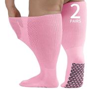 Orthostride Wide Diabetic Socks for Men Women, Non Slip Grip Extra Long Edema Socks with Thickened Sole, Non-Binding Loose Fit Socks for Lymphedema, Neuropathy, Swollen Feet, Hospital-2 Pairs Pink