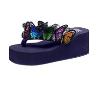 Orthotic Wedge Flip Flops for Women Colorful Butterfly Decor T-Strap Toe Post Slipper Platform Sole Wide Width Feet Cushioned Lightweight Thong Sandals for Beach Walking Summer (Blue, 4.5)