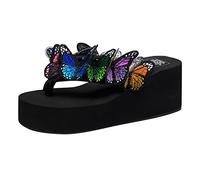 Orthotic Wedge Flip Flops for Women Colorful Butterfly Decor T-Strap Toe Post Slipper Platform Sole Wide Width Feet Cushioned Lightweight Thong Sandals for Beach Walking Summer (Black, 5)