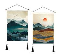 ORTIGIA 2 Pack Japanese Mountain Tapestry Wall Hanging with Tassels Misty Forest Tapestries Wall Art Sun Nature Landscape Home Decor for Bedroom Aesthetic 14" W x 20" L (35cmx50cm)