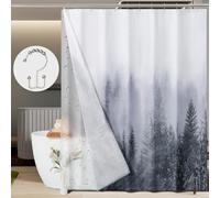 ORTIGIA 3 in 1 Shower Curtain and Clear PEVA Liner Set Grey Misty Forest Tree Shower Curtain with 12 Double Sided Metal Shower Curtain Hooks for Bathroom - 72 Wx72 L