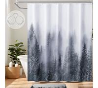ORTIGIA Grey Shower Curtain for Bathroom, Misty Forest Shower Curtain Set with Rustproof Hooks, Decorative Pine Tree Fog Magic Bath Curtain for Home, Waterproof Fabric, Weighted, 72x72